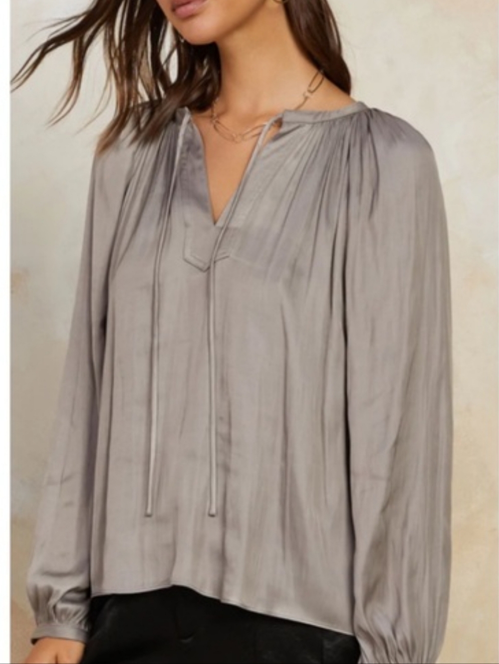 Maison d'Amèlie Light Gray Tie-Neck Bohemian Peasant Poet Blouse SZ L
